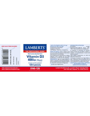 Lamberts Vitamina D3 400UI 120 Cápsulas
