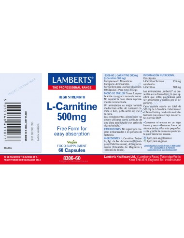 Lamberts L-Carnitina 500 mg 60 Cápsulas