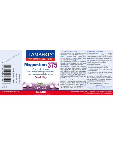 Lamberts Magnesio 375mg por tableta...