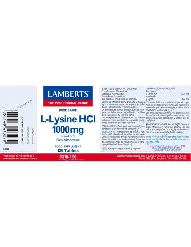 Lamberts L-Lisina 1000mg 120 Tabletas