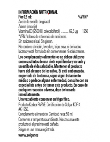 Solgar Vitamina D3 Líquida 2500UI 59ml