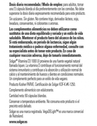 Solgar Vitamina D3 Vegana 60 Cápsulas