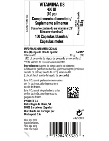 Solgar Vitamina D3 400UI 100 Cápsulas