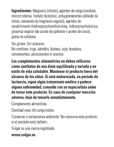 Solgar Citrato Magnesio 120 Tabletas