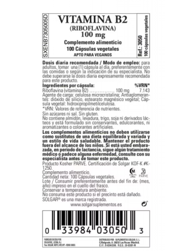 Solgar Vitamina B2 100mg 100 Cápsulas