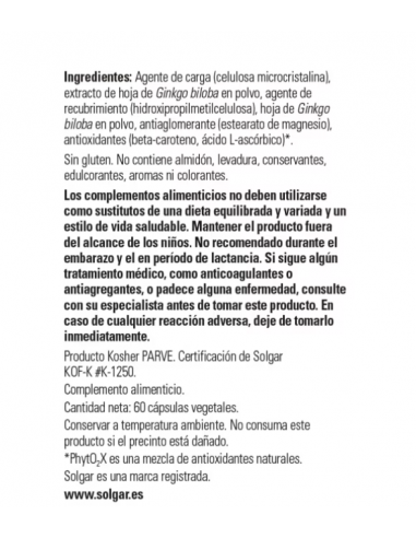 Solgar Ginkgo Biloba 60 Cápsulas