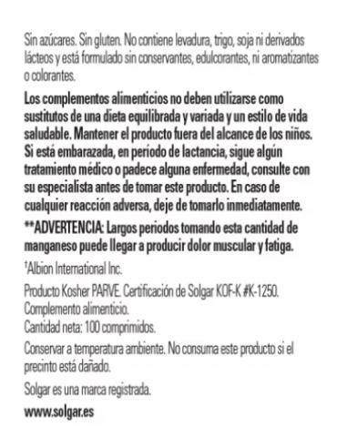 Solgar Manganeso Quelado 100 Comprimidos