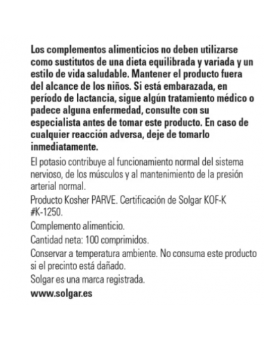 Solgar Potasio 100 Comprimidos
