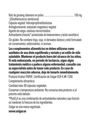 Solgar Ginseng Siberiano 60 Cápsulas